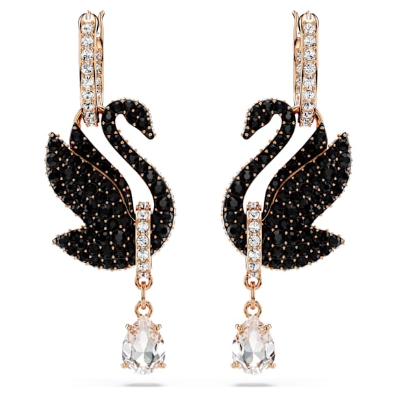Swan drop earrings, Swan, Black, Rose gold-tone plated - Swarovski, 5678047