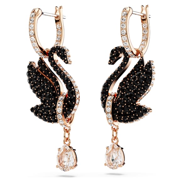 Swan drop earrings, Swan, Black, Rose gold-tone plated - Swarovski, 5678047
