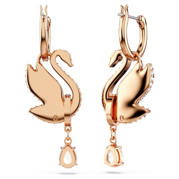Swan damla küpeler, Kuğu, Siyah, 18k pembe altın rengi yüzey - Swarovski, 5678047
