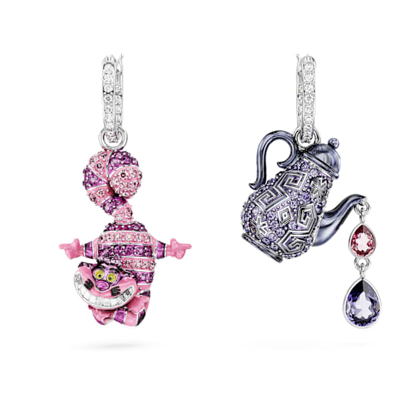 Brincos compridos Alice in Wonderland, Design assimétrico, Gato e bule, Multicor, Lacado a ródio - Swarovski, 5682806