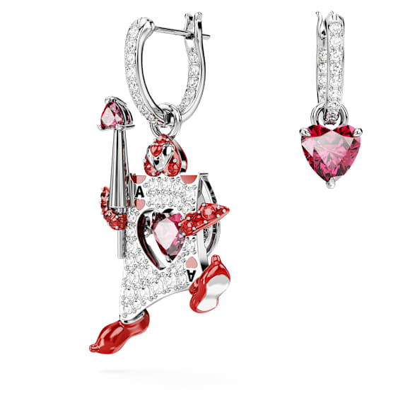 Alice in Wonderland Drop-Ohrhänger, Asymmetrisches Design, Spielkarte, Rot, Rhodiniert - Swarovski, 5682810