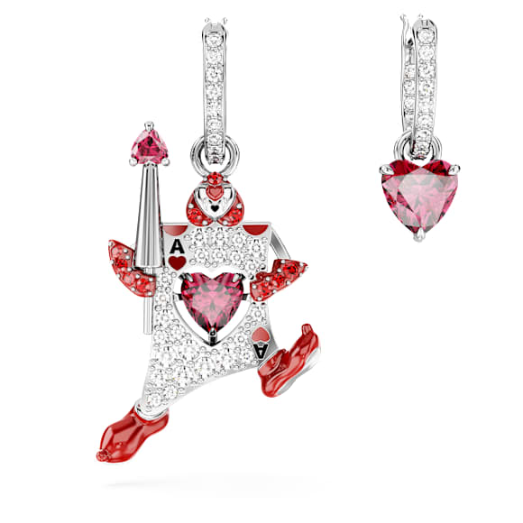Alice in Wonderland Drop-Ohrhänger, Asymmetrisches Design, Spielkarte, Rot, Rhodiniert - Swarovski, 5682810
