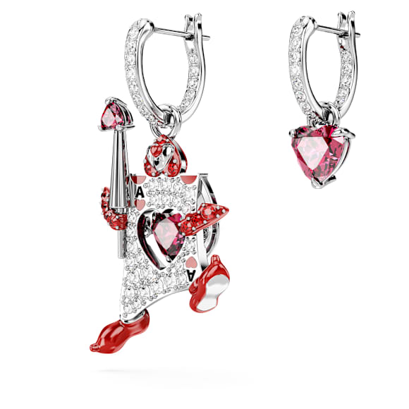 Alice in Wonderland Drop-Ohrhänger, Asymmetrisches Design, Spielkarte, Rot, Rhodiniert - Swarovski, 5682810