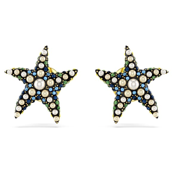 Pendientes de botón Idyllia, Perla de cristal, Estrella de mar, Pequeños, Multicolores, Acabado en oro de 18 quilates - Swarovski, 5684162