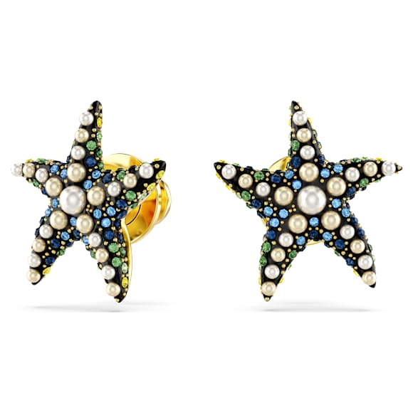 Pendientes de botón Idyllia, Perla de cristal, Estrella de mar, Pequeños, Multicolores, Acabado en oro de 18 quilates - Swarovski, 5684162