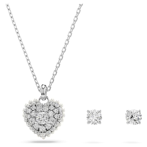 Set Idyllia, Crystal Pearl, Cuore, Bianco, Placcato rodio - Swarovski, 5684383