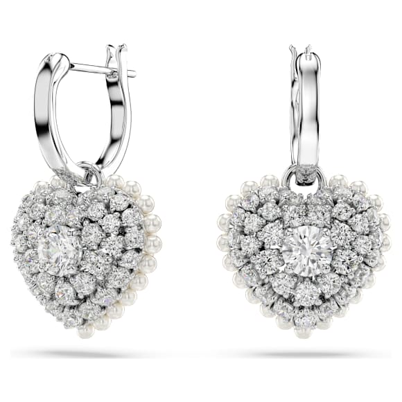Cercei cu drop Idyllia, Perlă de cristal, Inimă, Albi, Placat cu rodiu - Swarovski, 5684384