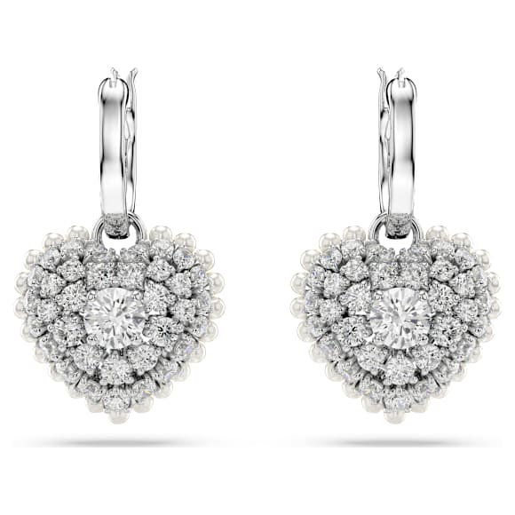 Cercei cu drop Idyllia, Perlă de cristal, Inimă, Albi, Placat cu rodiu - Swarovski, 5684384