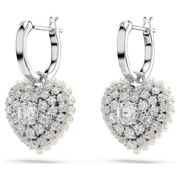 Cercei cu drop Idyllia, Perlă de cristal, Inimă, Albi, Placat cu rodiu - Swarovski, 5684384