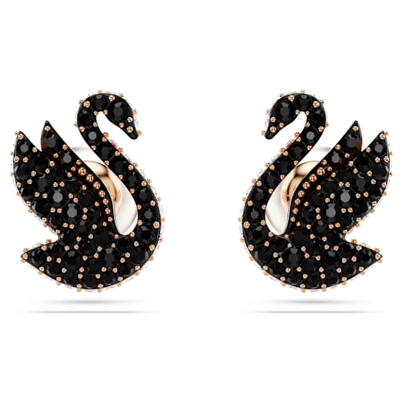 Σκουλαρίκια με καραφάκι Swan, Crystal pearl, Κύκνος, Μαύρα, Επιμετάλλωση σε ροζ χρυσαφί τόνο - Swarovski, 5684608
