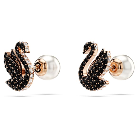 Σκουλαρίκια με καραφάκι Swan, Crystal pearl, Κύκνος, Μαύρα, Επιμετάλλωση σε ροζ χρυσαφί τόνο - Swarovski, 5684608