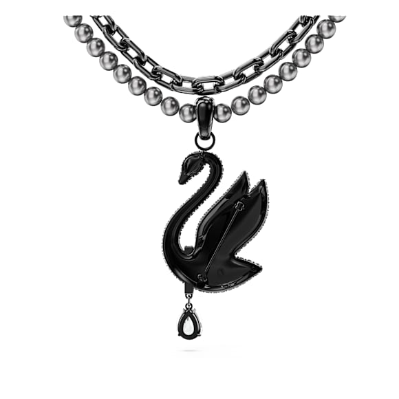Swan choker and brooch, Crystal pearl, Swan, Black, Ruthenium plated - Swarovski, 5688747