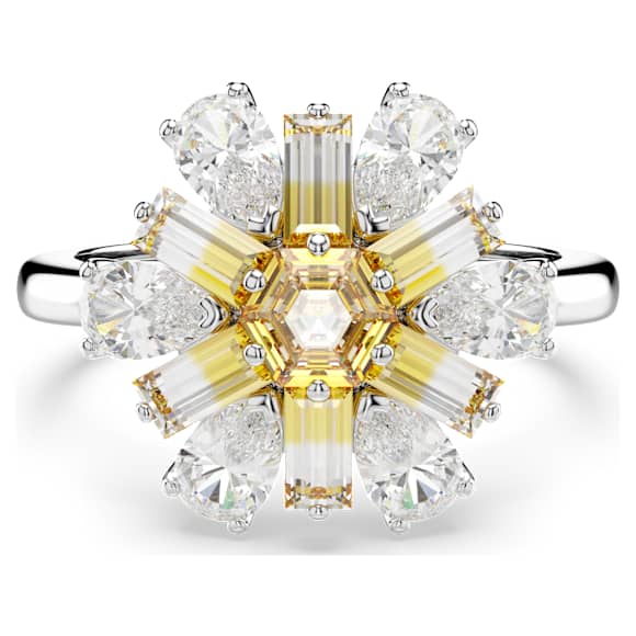 Idyllia cocktail ring, Mixed cuts, Flower, Yellow, Rhodium plated - Swarovski, 5689088