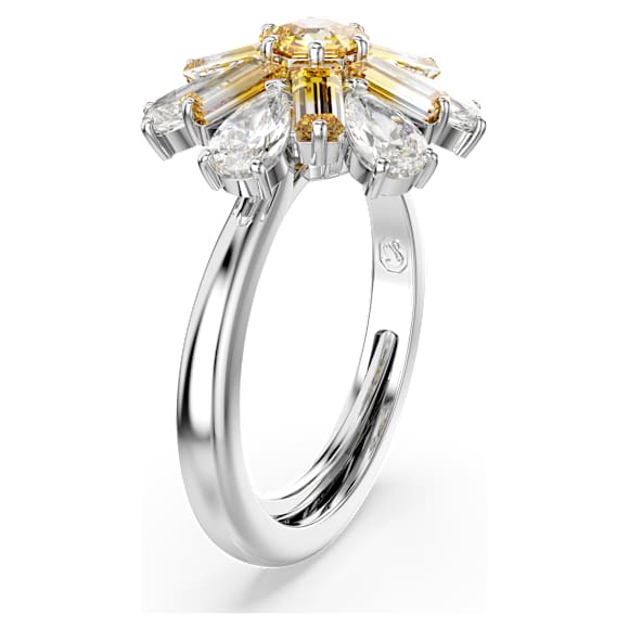 Idyllia cocktail ring, Mixed cuts, Flower, Yellow, Rhodium plated - Swarovski, 5689088