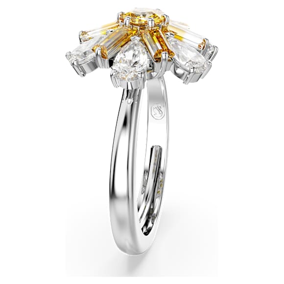 Idyllia cocktail ring, Mixed cuts, Flower, Yellow, Rhodium plated - Swarovski, 5689088