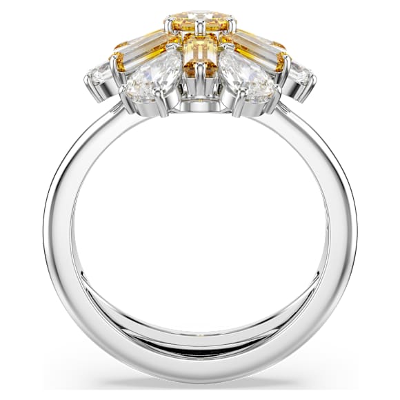 Idyllia cocktail ring, Mixed cuts, Flower, Yellow, Rhodium plated - Swarovski, 5689088