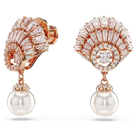 Idyllia drop earrings, Crystal pearl, Shell, White, 18K rose gold finish - Swarovski, 5689196