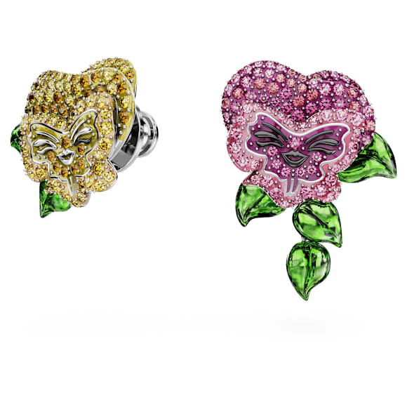 Alice in Wonderland stud earrings, Asymmetrical design, Flower, Multicoloured, Rhodium plated - Swarovski, 5689488