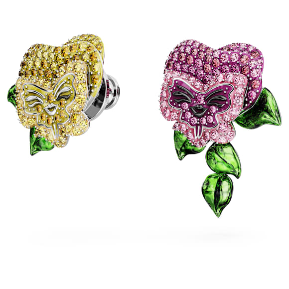Alice in Wonderland stud earrings, Asymmetrical design, Flower, Multicoloured, Rhodium plated - Swarovski, 5689488