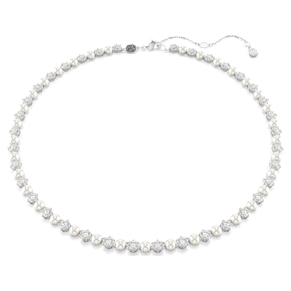 Matrix Tennis necklace, Crystal pearl, Round cut, White, Rhodium plated - Swarovski, 5689623
