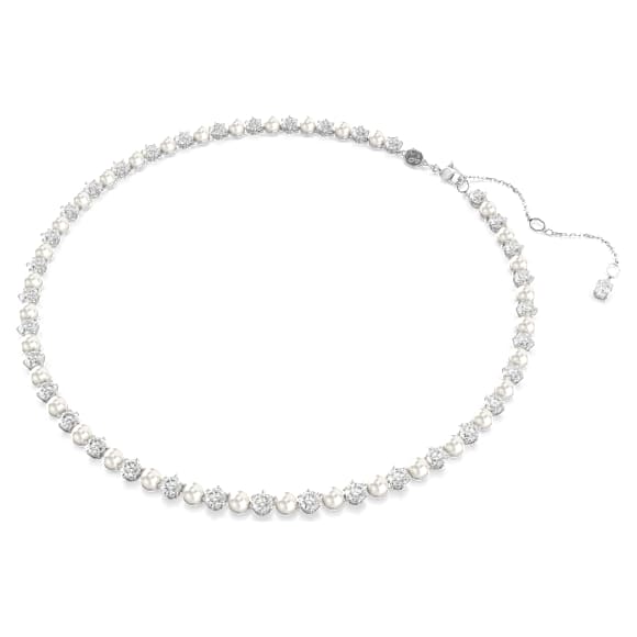 Matrix Tennis necklace, Crystal pearl, Round cut, White, Rhodium plated - Swarovski, 5689623