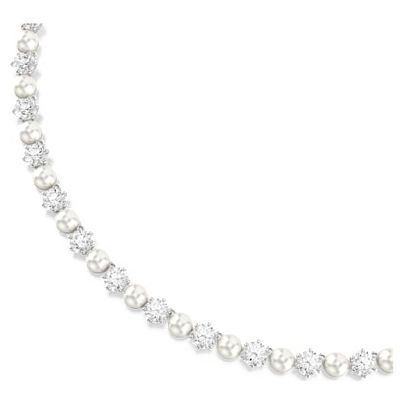 Matrix Tennis necklace, Crystal pearl, Round cut, White, Rhodium plated - Swarovski, 5689623