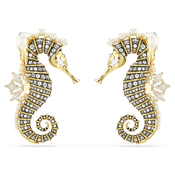 Idyllia clip earrings, Crystal pearl, Seahorse, White, Gold-tone plated - Swarovski, 5690097