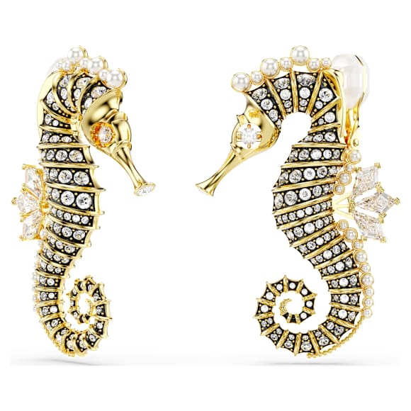 Idyllia clip earrings, Crystal pearl, Seahorse, White, Gold-tone plated - Swarovski, 5690097