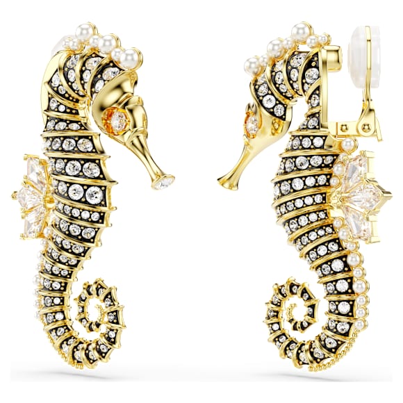 Idyllia clip earrings, Crystal pearl, Seahorse, White, Gold-tone plated - Swarovski, 5690097