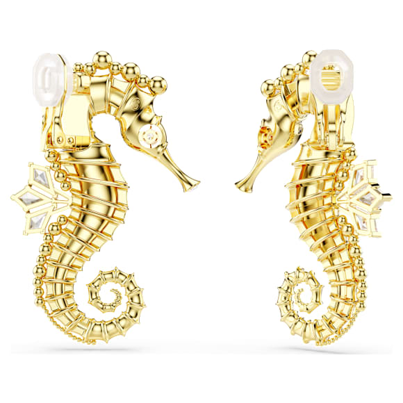 Idyllia clip earrings, Crystal pearl, Seahorse, White, Gold-tone plated - Swarovski, 5690097