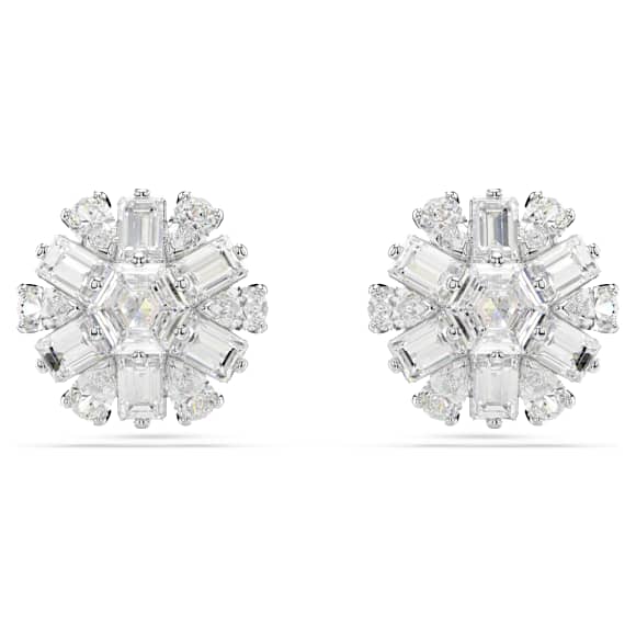 Idyllia stud earrings, Mixed cuts, Snowflake, White, Rhodium plated - Swarovski, 5691483
