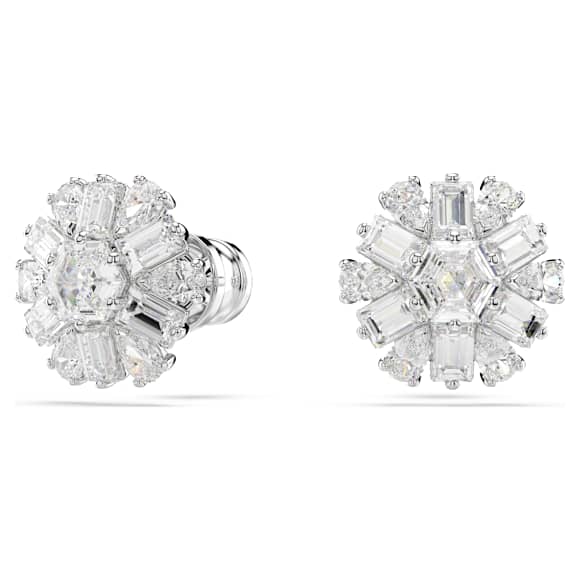 Idyllia stud earrings, Mixed cuts, Snowflake, White, Rhodium plated - Swarovski, 5691483
