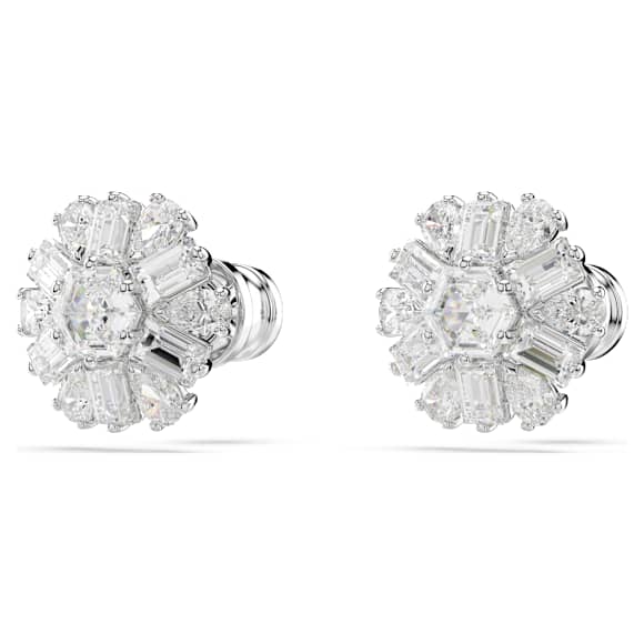 Idyllia stud earrings, Mixed cuts, Snowflake, White, Rhodium plated - Swarovski, 5691483