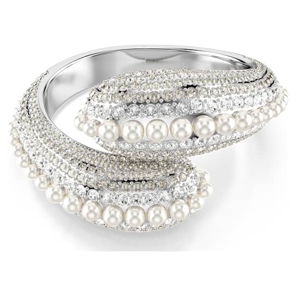Sublima cuff, Statement, Crystal pearl, Round cut, White, Rhodium plated - Swarovski, 5692108