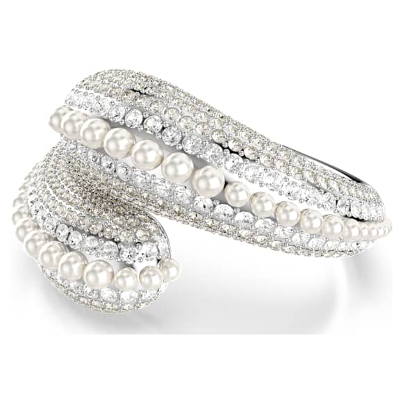 Sublima cuff, Statement, Crystal pearl, Round cut, White, Rhodium plated - Swarovski, 5692108