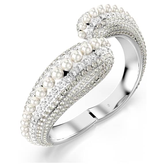 Sublima cuff, Statement, Crystal pearl, Round cut, White, Rhodium plated - Swarovski, 5692108