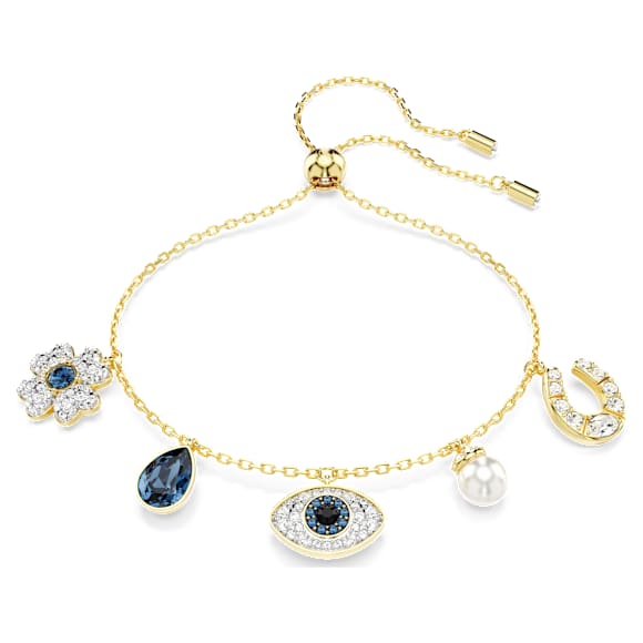Bracelet Symbolica, Perle de cristal, Trèfle à quatre feuilles, œil porte-bonheur et fer à cheval, Bleu, Doré à l’or 18 carats (750/1000) - Swarovski, 5692162