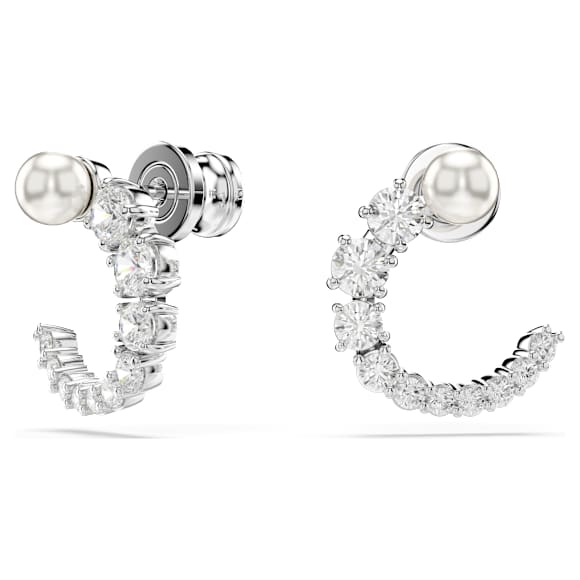 Matrix ต่างหูแบบห่วง, มุกคริสตัล, เจียระไนทรงกลม, ขาว, เคลือบโรเดียม - Swarovski, 5692260