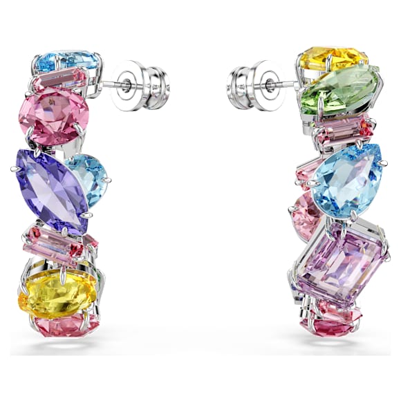 Gema hoop earrings, Asymmetrical design, Mixed cuts, Small, Multicolored, Rhodium plated - Swarovski, 5692412