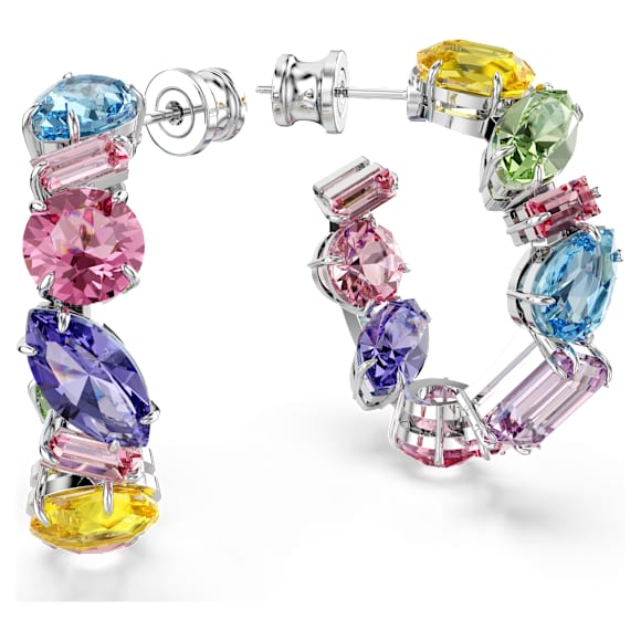 Gema hoop earrings, Asymmetrical design, Mixed cuts, Small, Multicolored, Rhodium plated - Swarovski, 5692412
