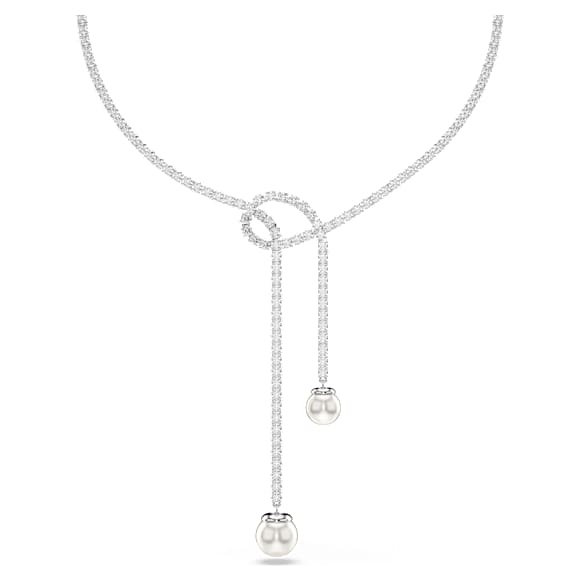 Matrix Y necklace, Crystal pearl, Round cut, White, Rhodium plated - Swarovski, 5692416