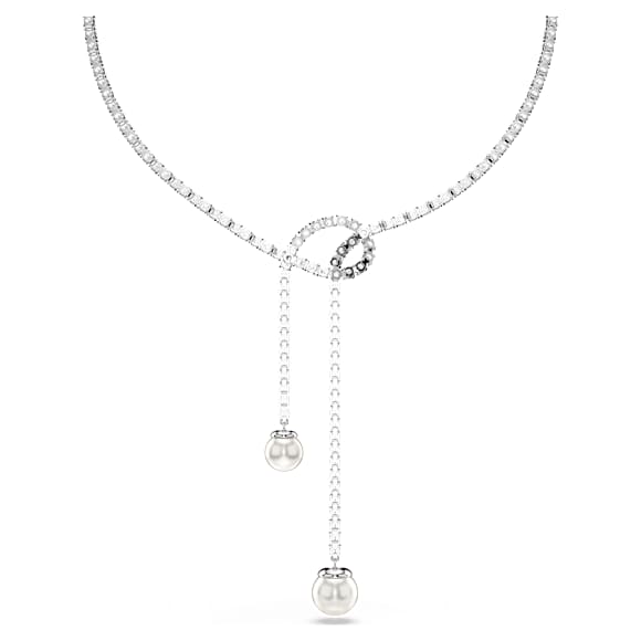 Matrix Y necklace, Crystal pearl, Round cut, White, Rhodium plated - Swarovski, 5692416