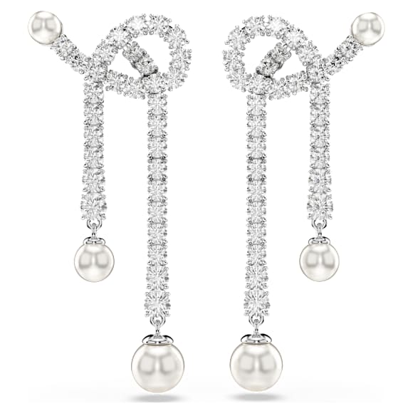 Matrix drop earrings, Crystal pearl, Round cut, White, Rhodium plated - Swarovski, 5692417