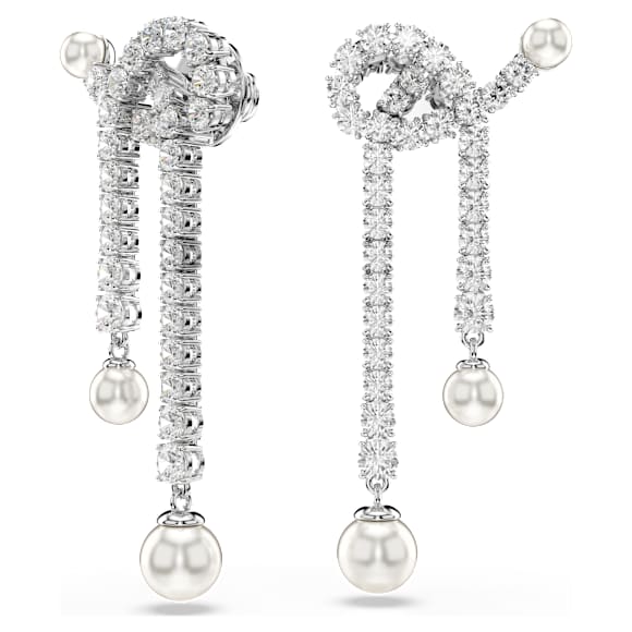 Matrix drop earrings, Crystal pearl, Round cut, White, Rhodium plated - Swarovski, 5692417