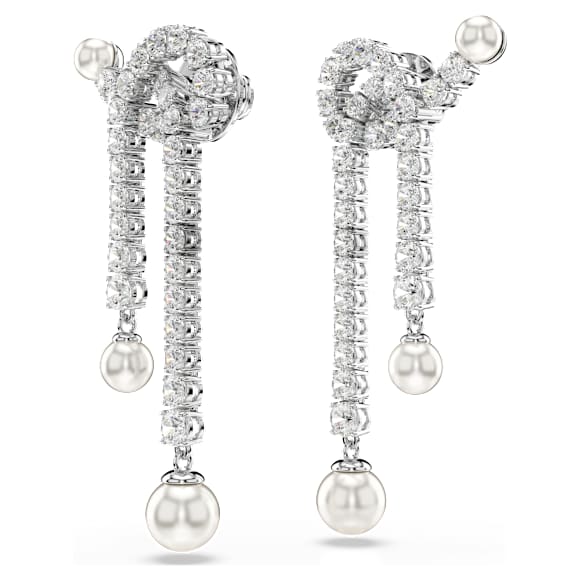 Matrix drop earrings, Crystal pearl, Round cut, White, Rhodium plated - Swarovski, 5692417