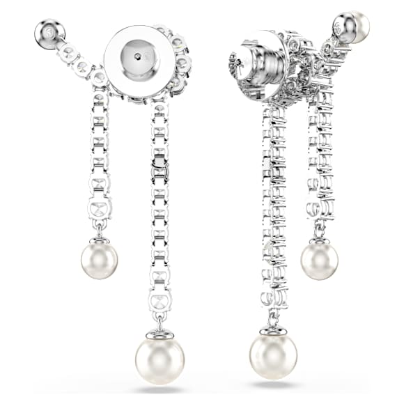 Brincos compridos Matrix, Crystal Pearl, Lapidação redonda, Branco, Lacado a ródio - Swarovski, 5692417