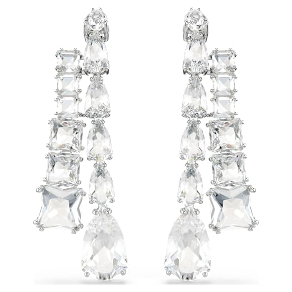 Matrix drop earrings, Mixed cuts, White, Rhodium plated - Swarovski, 5692515
