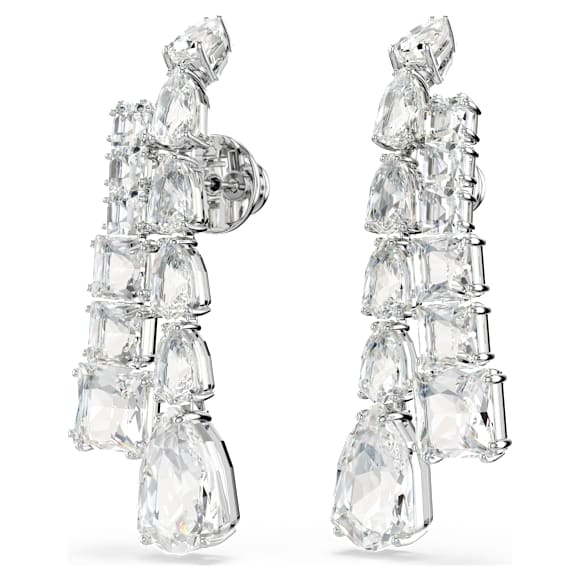 Matrix drop earrings, Mixed cuts, White, Rhodium plated - Swarovski, 5692515