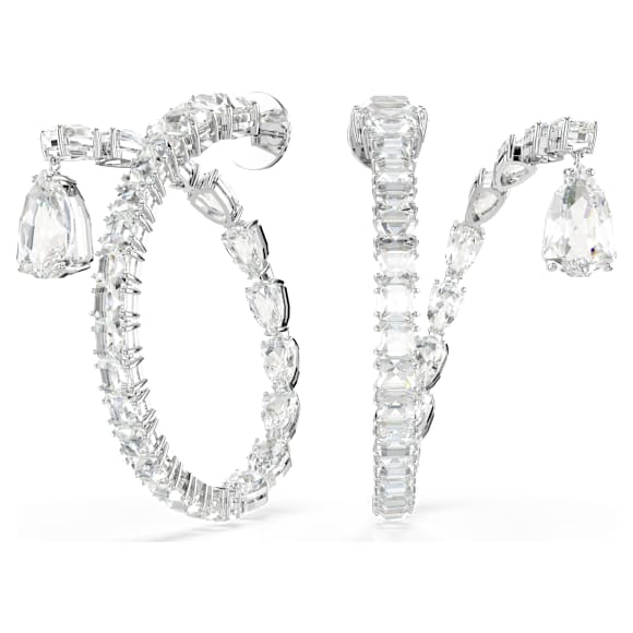 Matrix hoop earrings, Mixed cuts, White, Rhodium plated - Swarovski, 5692524