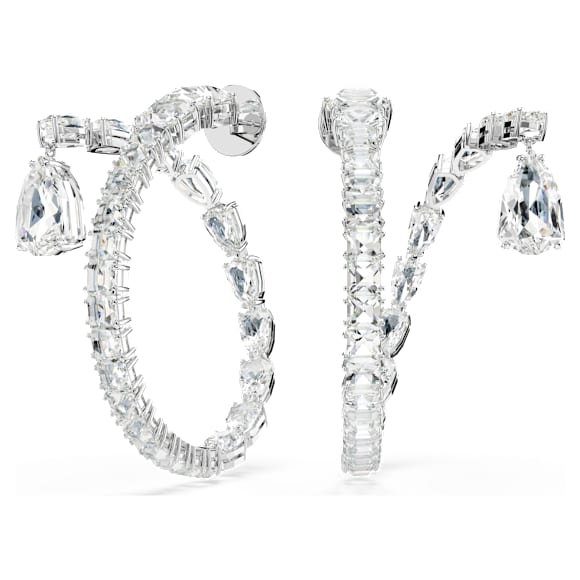 Matrix hoop earrings, Mixed cuts, White, Rhodium plated - Swarovski, 5692524